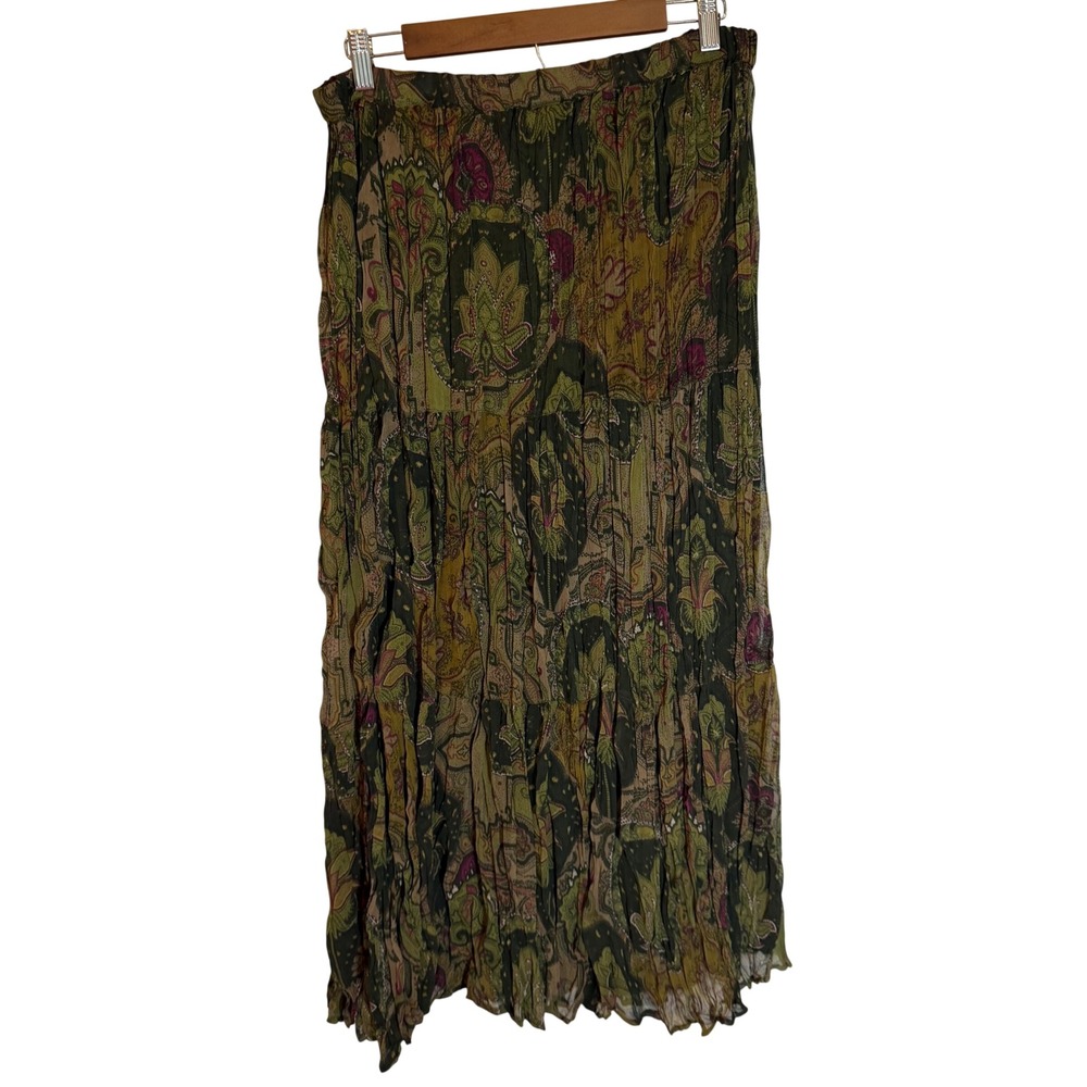 Krazy Kat Skirt XL Green Paisley Tiered Crinkle Maxi Boho Skirt Broom